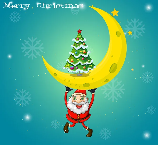 Santa llevando una luna con un árbol de navidad — Vector de stock