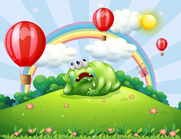 Un monstruo cansado sobre la colina mirando los globos de aire caliente — Vector de stock