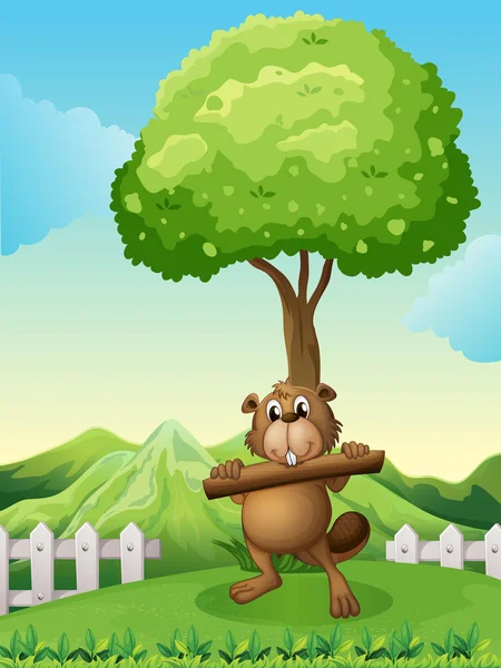 En bäver nära trädet håller en logg — Stock vektor