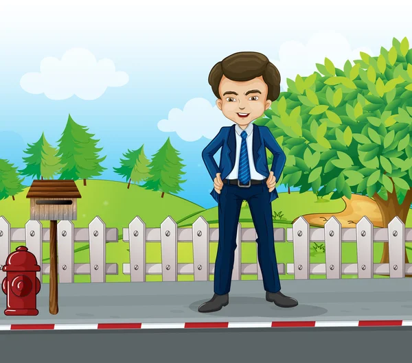 A businessman standing near the wooden mailbox — Stock Vector