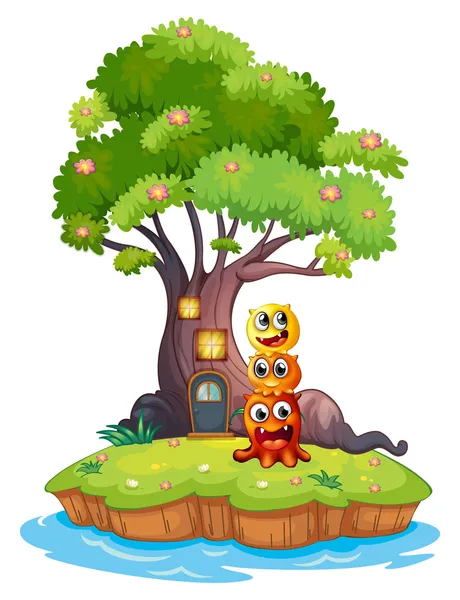 An island with three monsters under the giant tree — Stock Vector