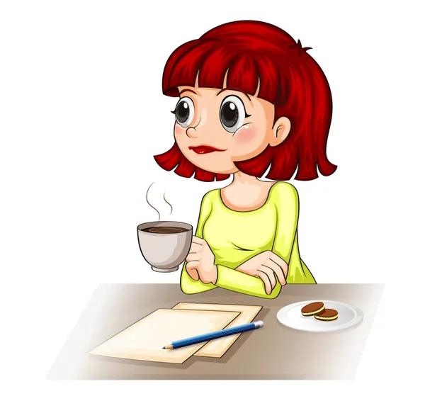 A businesswoman taking her cup of tea while making a report — Stock Vector