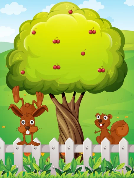 Un castoro e uno scoiattolo che giocano vicino all'albero — Vettoriale Stock