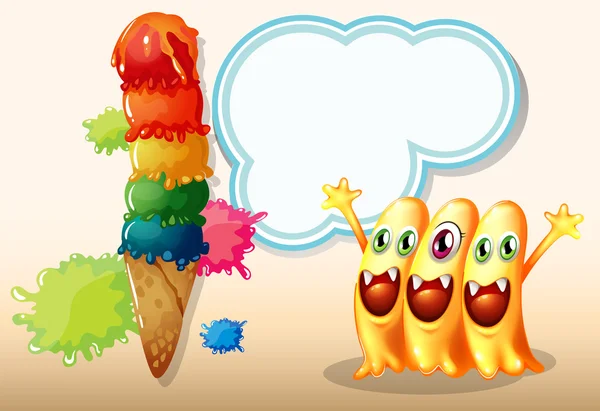 Tres felices monstruos gorro cerca del helado gigante — Archivo Imágenes Vectoriales