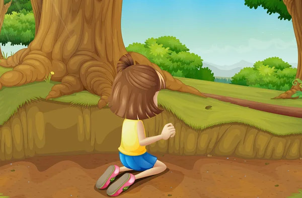 Молодая девушка играет на земле в лесу — стоковый вектор