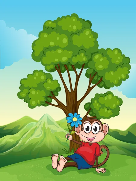 원숭이 나무 아래 앉아 꽃과 함께 — 스톡 벡터