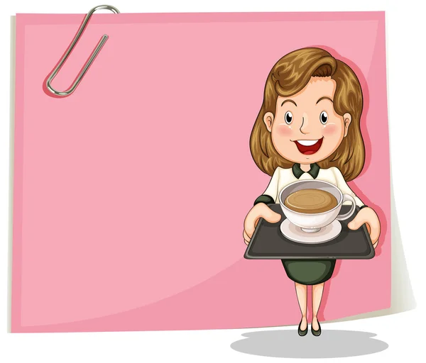 Une fille avec un plateau debout devant le papier rose vide — Image vectorielle