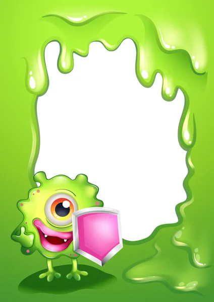 Un monstre vert avec un bouclier debout devant une température vide — Image vectorielle
