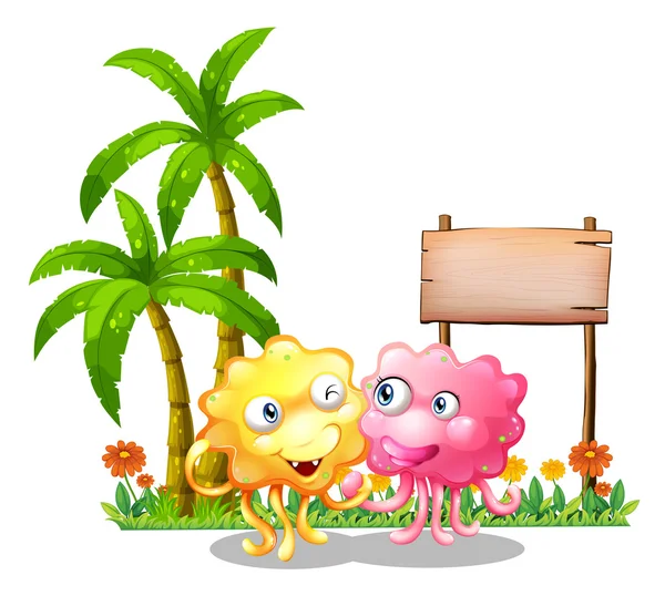 Happy monsters near the empty signage beside the palm trees — Stock Vector