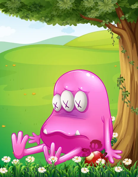 Un monstruo rosa cansado junto a un árbol — Vector de stock