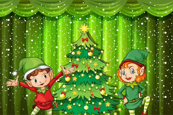 Dva elfové u vánočního stromu — Stockový vektor