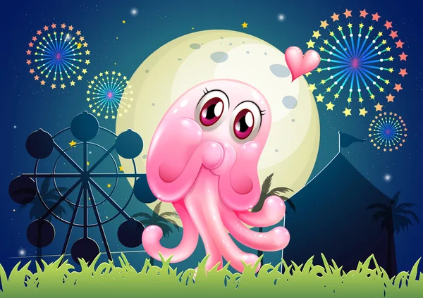 An in-love pink monster near the carnival — Stock Vector