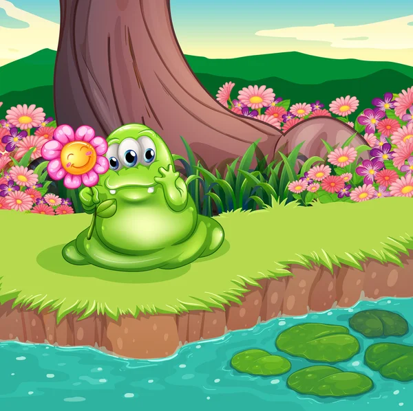 A green monster at the riverbank holding a flower — Stock Vector