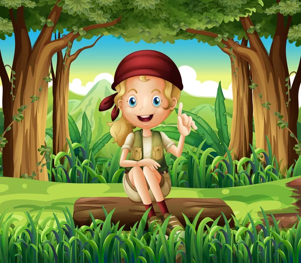 A forest with a young girl sitting above a log — Stock Vector
