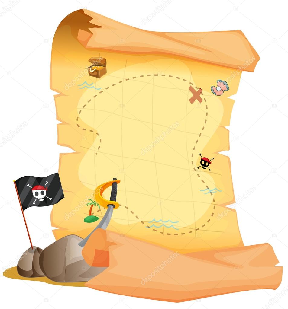 A treasure map beside the flag and the sword