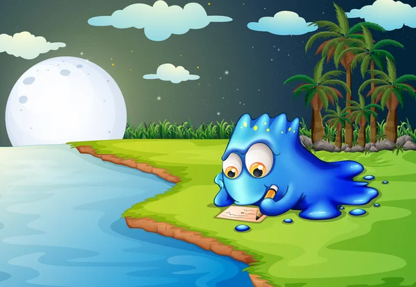 A blue monster writing a letter at the riverbank — Stock Vector