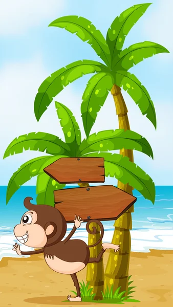 A beach with a playful monkey near the wooden arrowboards — Stock Vector