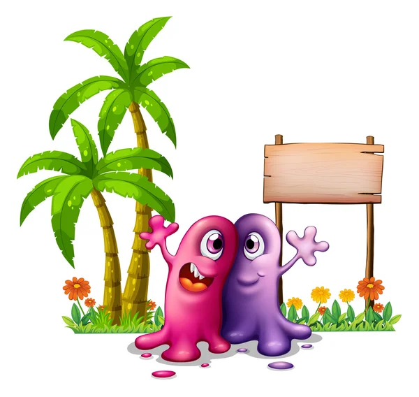 Two monsters near the palm trees — Stock Vector