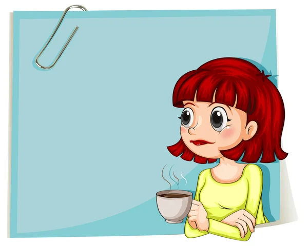 Una mujer con una taza de café con un papel vacío en la parte posterior — Vector de stock