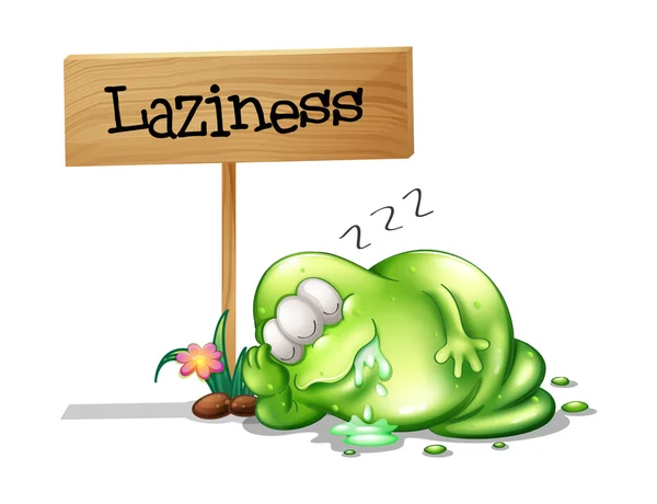 A lazy monster sleeping near the wooden signboard — Stock Vector