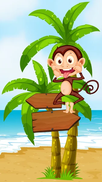 A playful monkey above the wooden arrowboard at the beach — Stock Vector