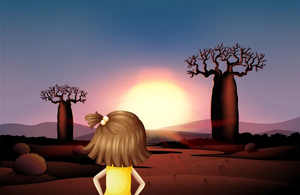 Ένα κορίτσι στο έρημο βλέποντας την Ανατολή του ηλίου — Διανυσματικό Αρχείο