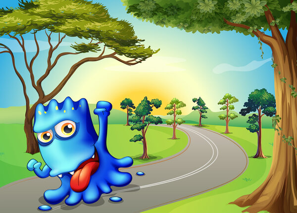 A blue monster running with a smile