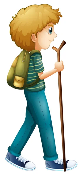 A boy hiking with a wood — Stock Vector