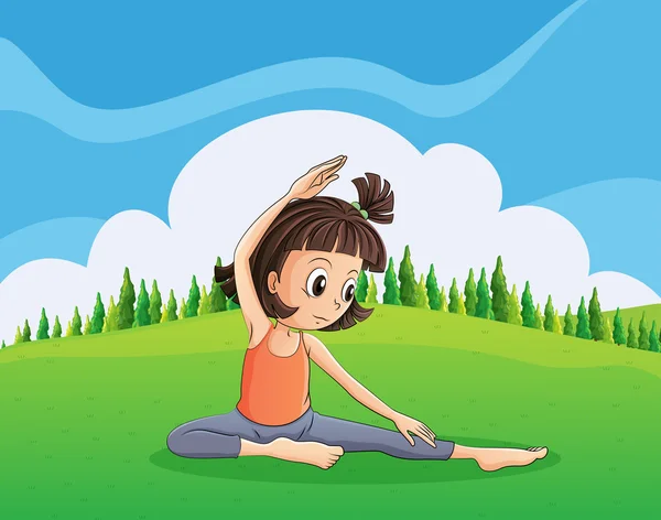 A young girl doing yoga at the hilltop — Stock Vector