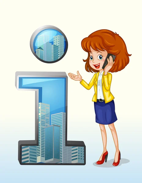 Жінка, яка використовує мобільний телефон, стоїть поруч із символом номер один — стоковий вектор