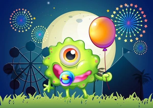 Een monster met een fopspeen in de mond en een ballontekst in de hand — Stockvector