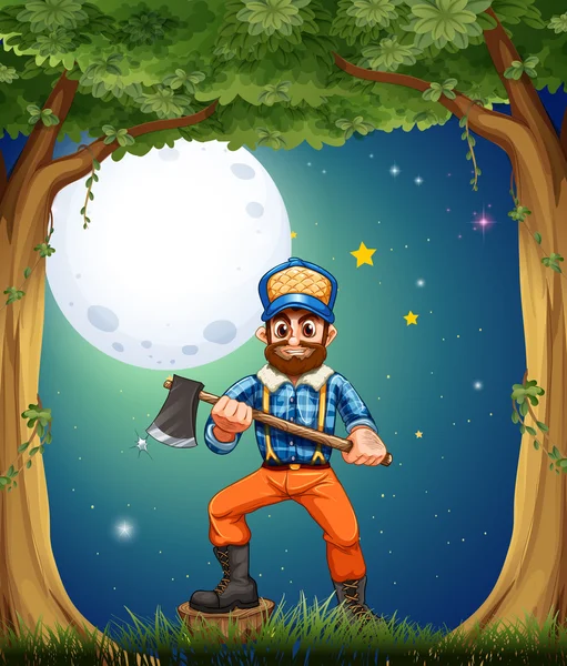 A lumberjack at the forest in the middle of the night — Stock Vector