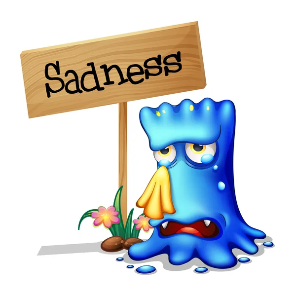 A very sad blue monster crying near a wooden signage — Stock Vector