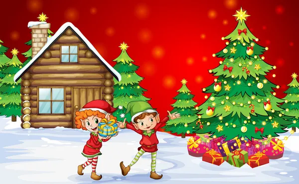 Dos enanos juguetones cerca de los árboles de Navidad — Vector de stock
