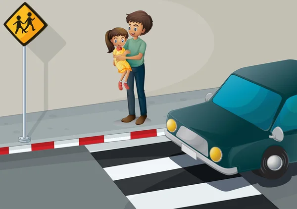 Un père portant sa fille sur la voie piétonne — Image vectorielle
