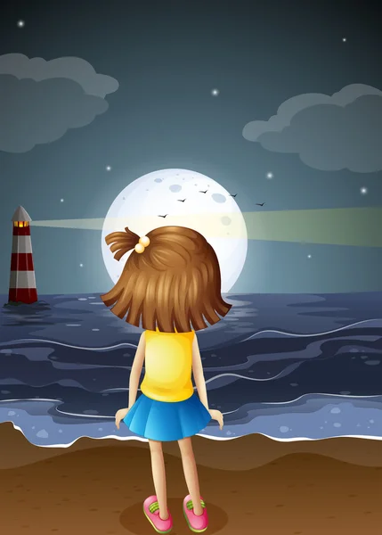 一个小女孩看着在沙滩上的满月 — 图库矢量图片