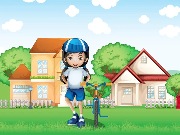 Una chica sonriente y su bicicleta cerca de las grandes casas — Vector de stock
