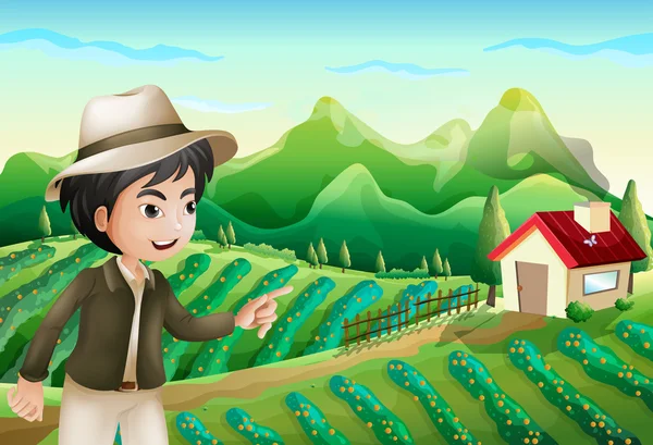 Un chico señalando el granero de la granja — Archivo Imágenes Vectoriales