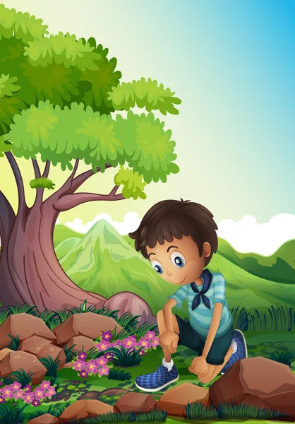 Chłopiec obserwując skały w lesie — Wektor stockowy