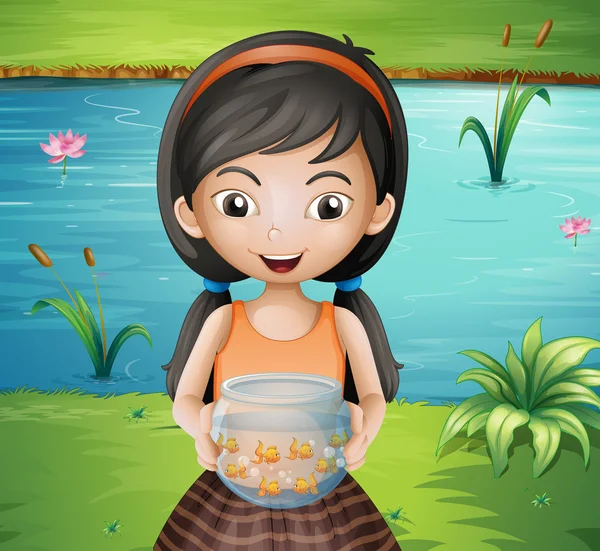 Una joven sonriente sosteniendo un acuario — Vector de stock