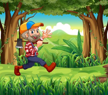 bir orman balta tutan bir gülümseyen woodman