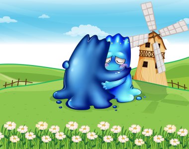 Two monsters comforting each other at the hilltop near the windm clipart