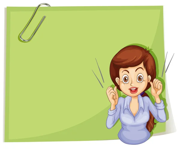 A talkative woman in front of an empty signage with a clip — Stock Vector