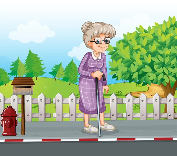 An old woman at the street with a cane standing near the mailbox — Stock Vector
