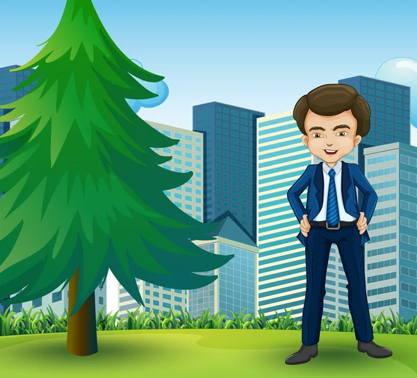 A happy businessman standing near the pine tree — Stock Vector