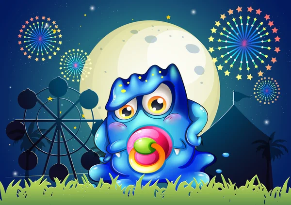 A carnival with a baby blue monster with a pacifier — Stock Vector