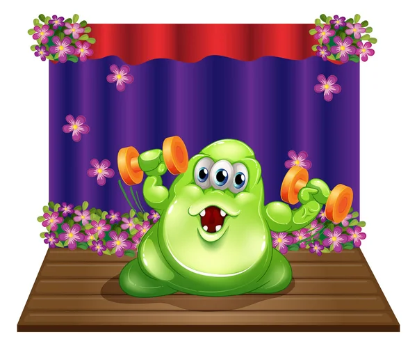 A stage with a green monster exercising in the center — Stock Vector