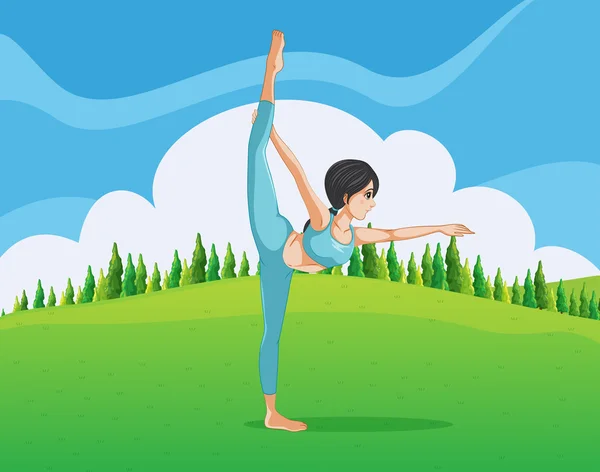A girl doing yoga across the pine trees — Stock Vector
