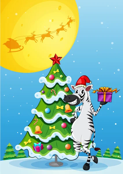 Uma zebra ao lado da árvore de Natal alta — Vetor de Stock