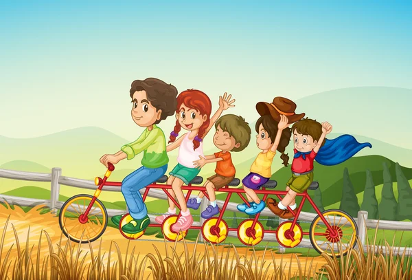Boldog gyerekek a telepen kerékpár lovaglás — Stock Vector